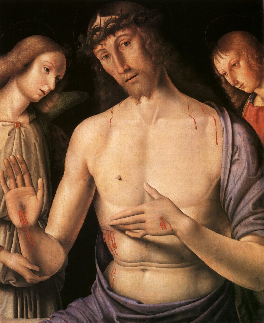 Kristus støttet af to engle af Giovanni Santi or Sanzio