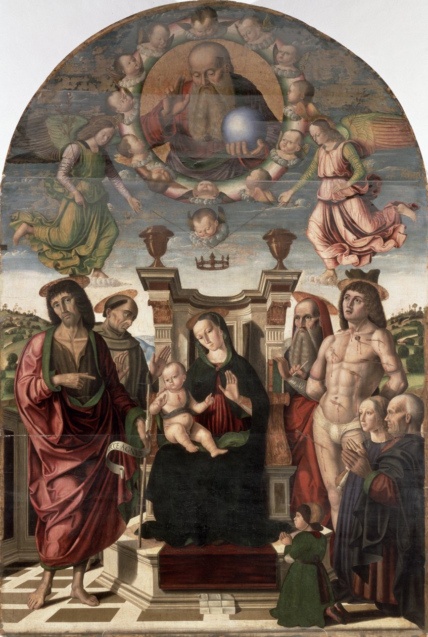 Madonnaen og barnet troner med hellige af Giovanni Santi or Sanzio