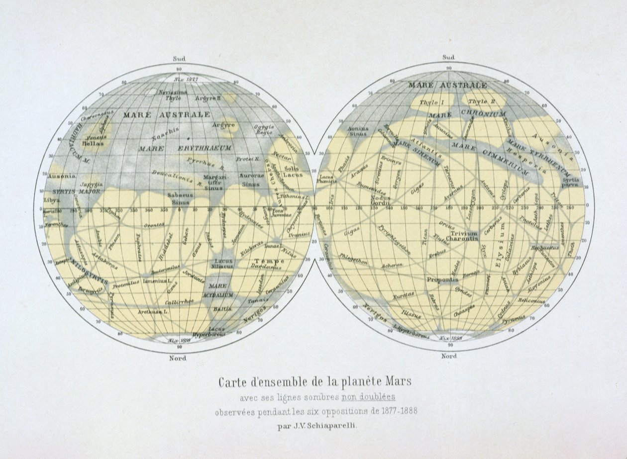 Samlet kort over planeten Mars, fra observationer foretaget under seks oppositioner i 1877-88 af Giovanni Schiaparelli