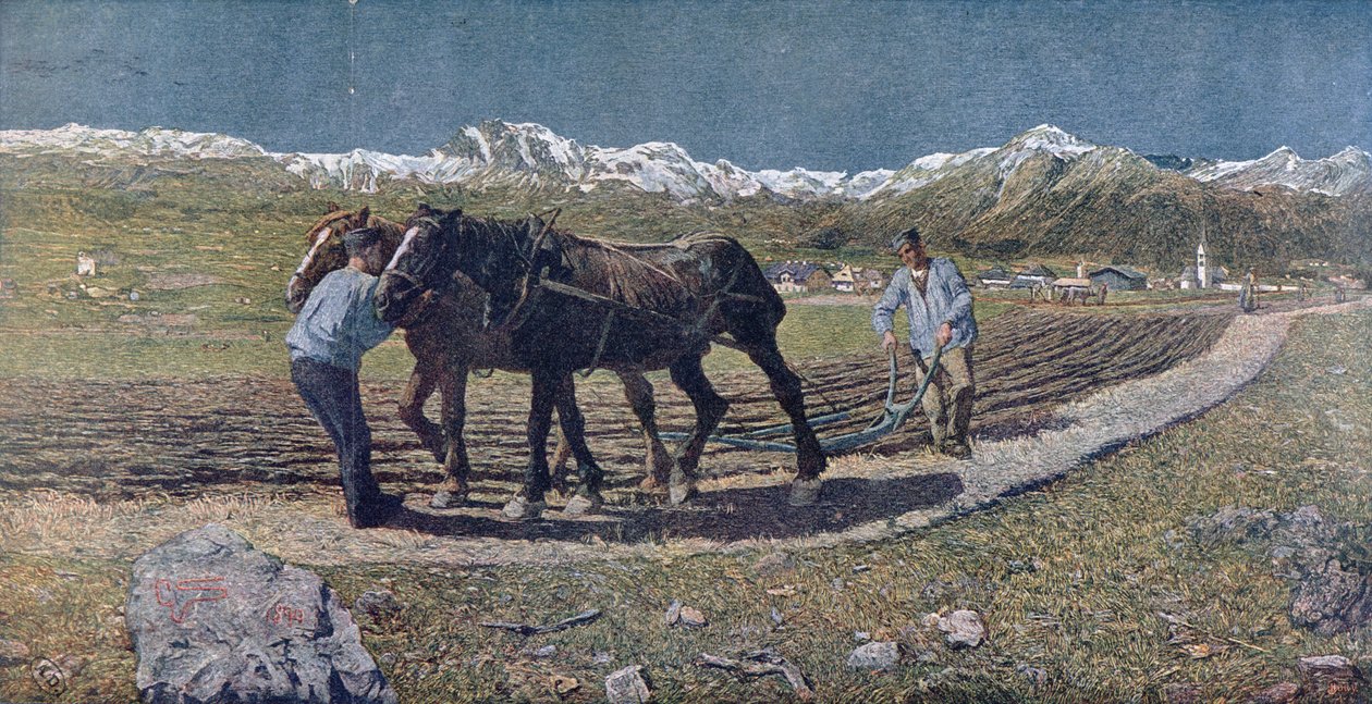 Bønder pløjer en mark i Norditalien, illustration fra tidsskriftet "Allemand Jugend". 1879 af Giovanni Segantini
