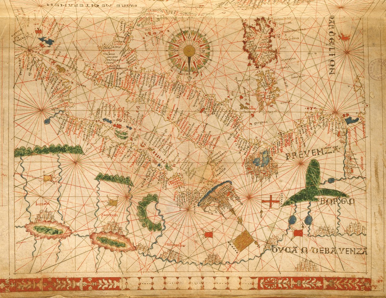 Provence og Italien, fra et nautisk atlas, 1520 (blæk på vellum) (detalje fra 330915) af Giovanni Xenodocus da Corfu