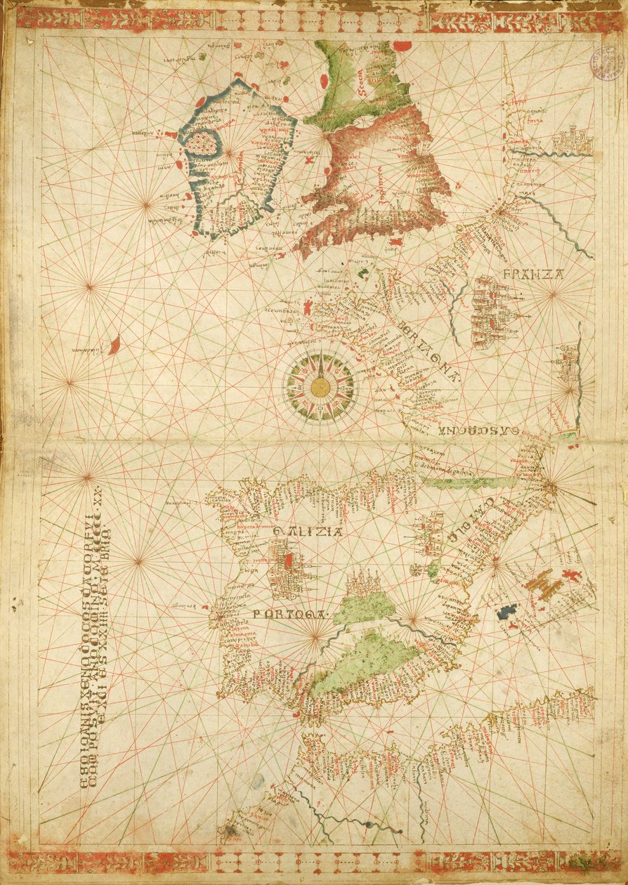 Europas og Afrikas Atlanterhavskyster, fra et nautisk atlas, 1520 (blæk på vellum) (se også 330911-330912) af Giovanni Xenodocus da Corfu