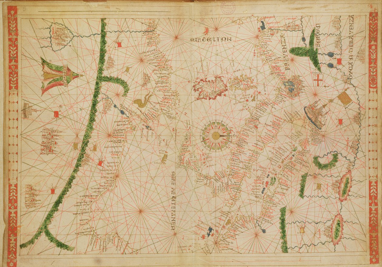 Det centrale Middelhav, fra et nautisk atlas, 1520 (blæk på vellum) (se også 330916-330918) af Giovanni Xenodocus da Corfu