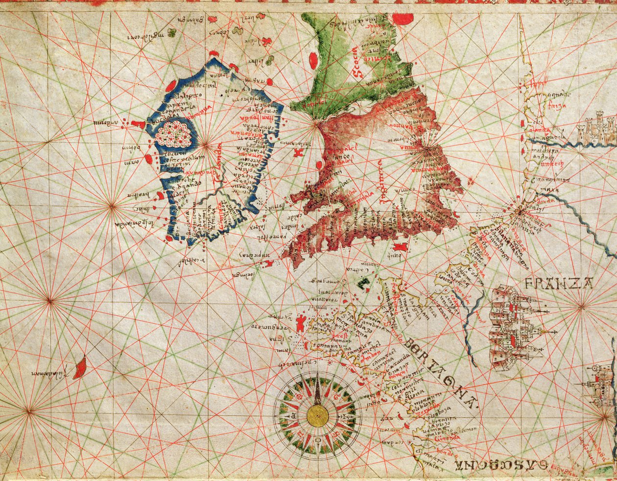 Den franske kyst, England, Skotland og Irland, fra et nautisk atlas, 1520 (blæk på vellum) (detalje fra 330910) af Giovanni Xenodocus da Corfu