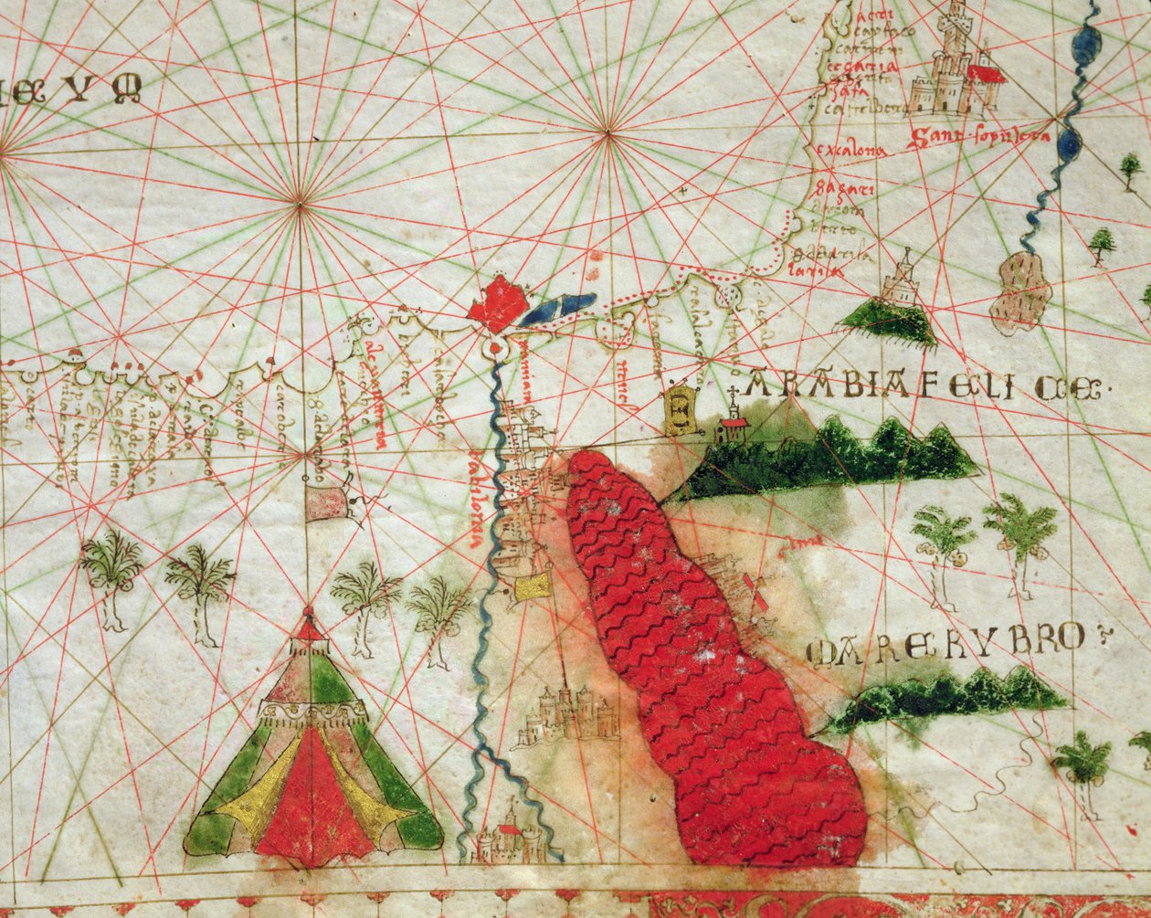 Det Røde Hav, fra et nautisk atlas, 1520 (blæk på vellum) (detalje fra 330913) af Giovanni Xenodocus da Corfu