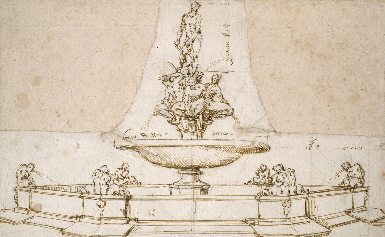 Design til et springvand (pen og brunt blæk over angivelser med sort kridt og fordybninger med stilus på hvidt papir) af Giovanni da Bologna
