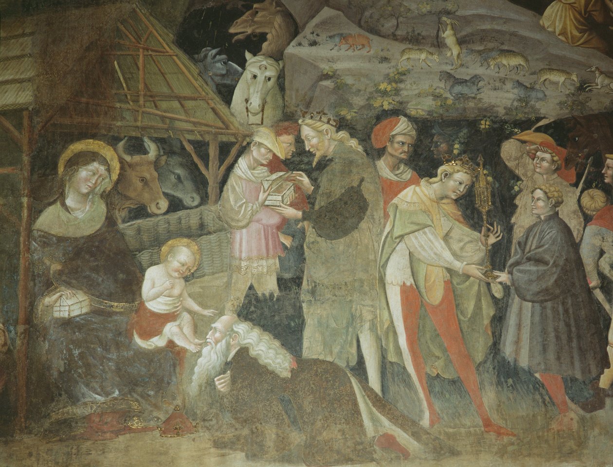 Julekrybbe fra Magi-cyklens rejse, Bolognini-kapellet, fresko omkring 1420 af Giovanni da Modena