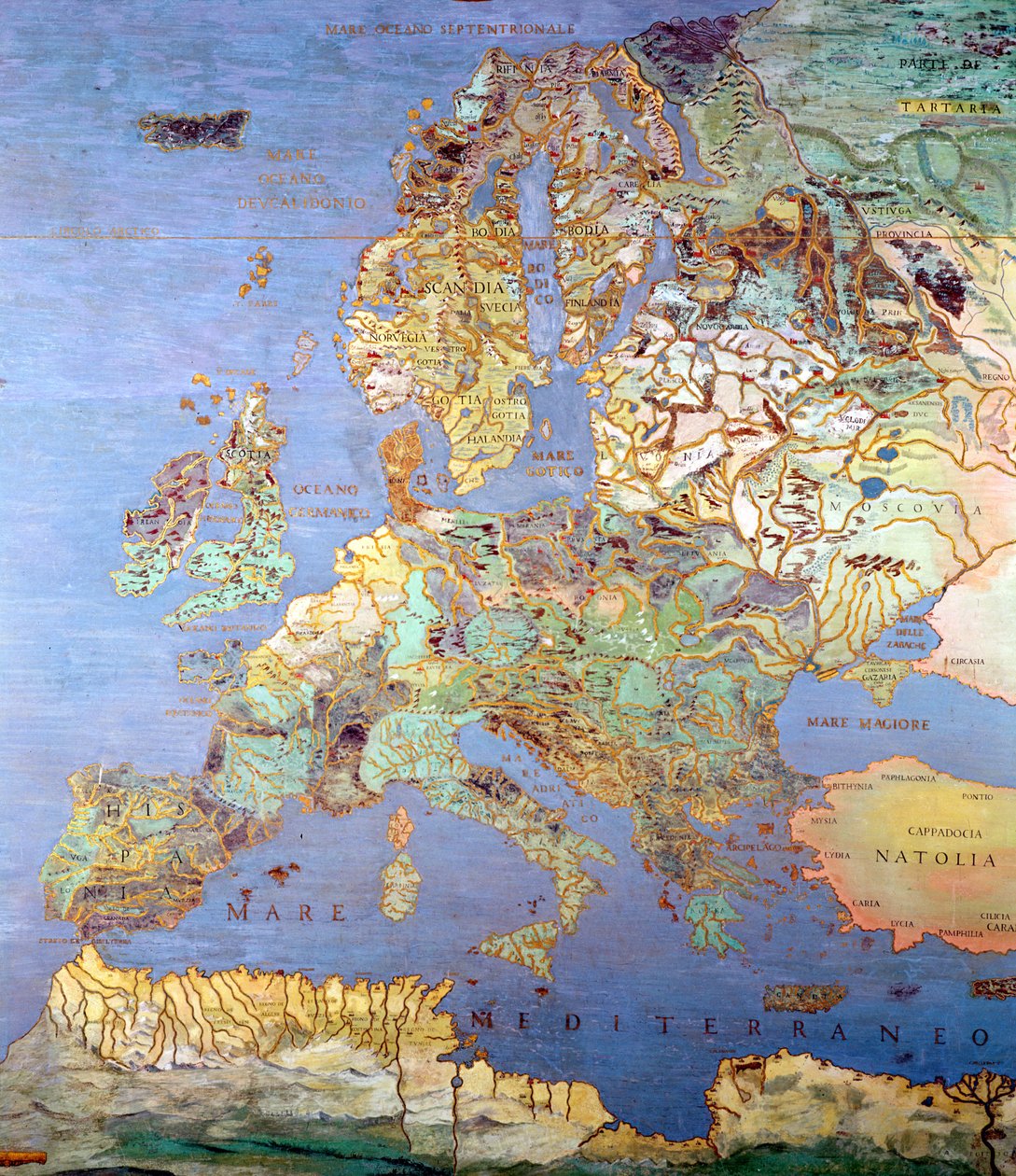 Kort over Europa i det sekstende århundrede, fra "Sala del Mappamondo" (Verdenskortets sal), ca. 1574-75 af Giovanni de Vecchi