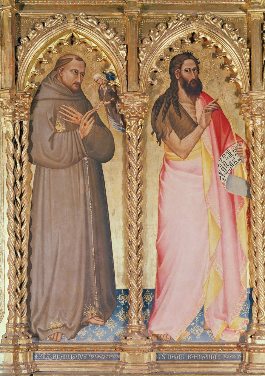 Frans af Assisi og Johannes Døberen, detalje fra Jomfru og Barn tronet omgivet af helgener (tempera på panel) (se også 438870) af Giovanni del Biondo dal Casentino