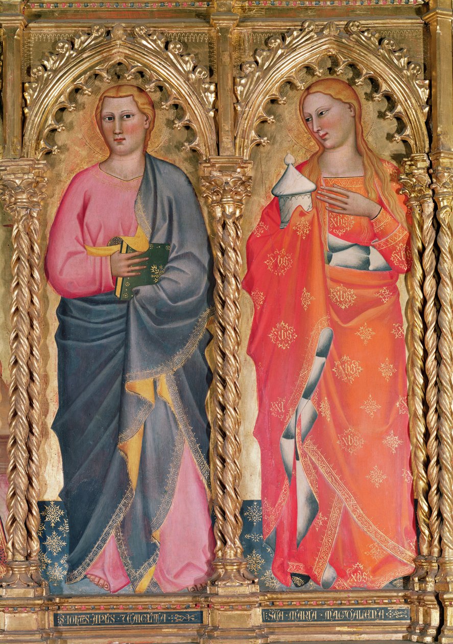 St. John og St. Mary Magdalene, detalje fra Jomfru og Barn troner omgivet af helgener (tempera på panel) (se også 438871) af Giovanni del Biondo dal Casentino