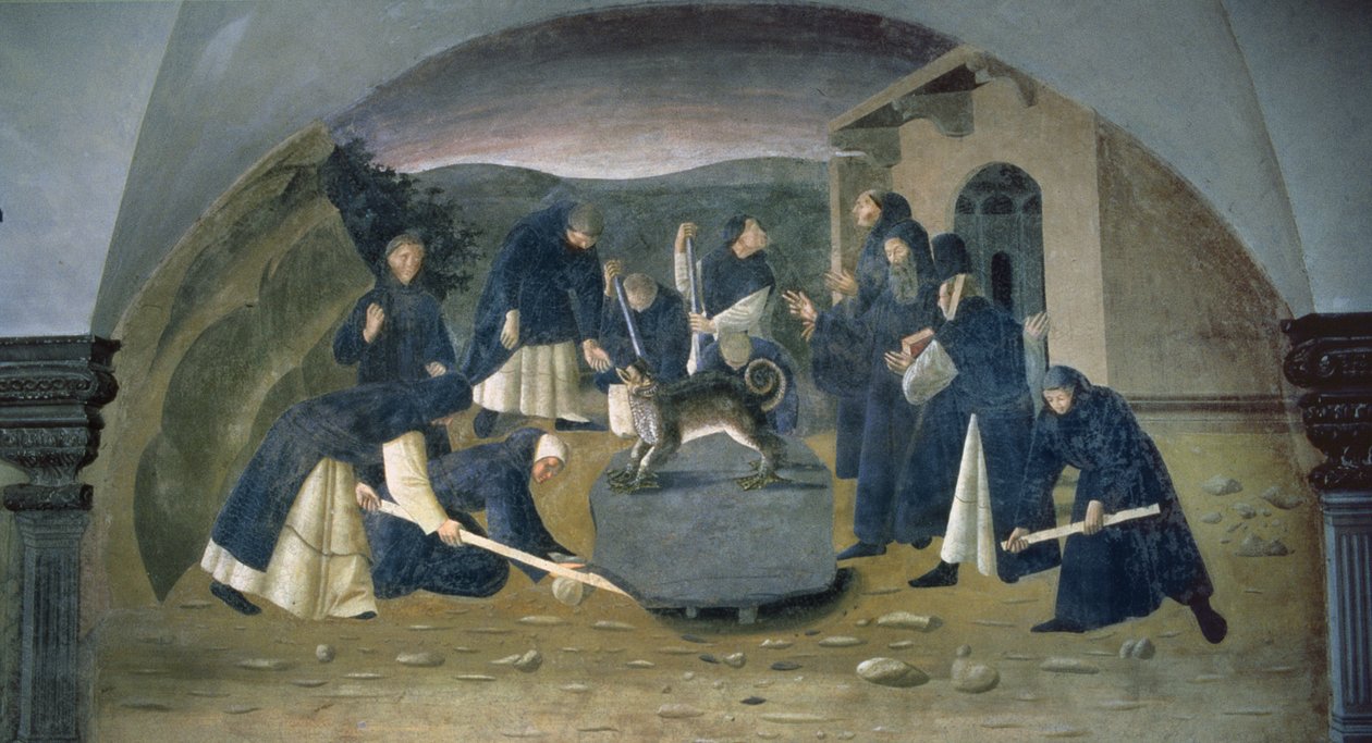 Skt. Benedikte løfter den faldne klippe, detaljer fra freskocyklussen af Skt. Benediktes liv fra Chiostro degli Aranci (appelsinernes kloster) omkring 1430