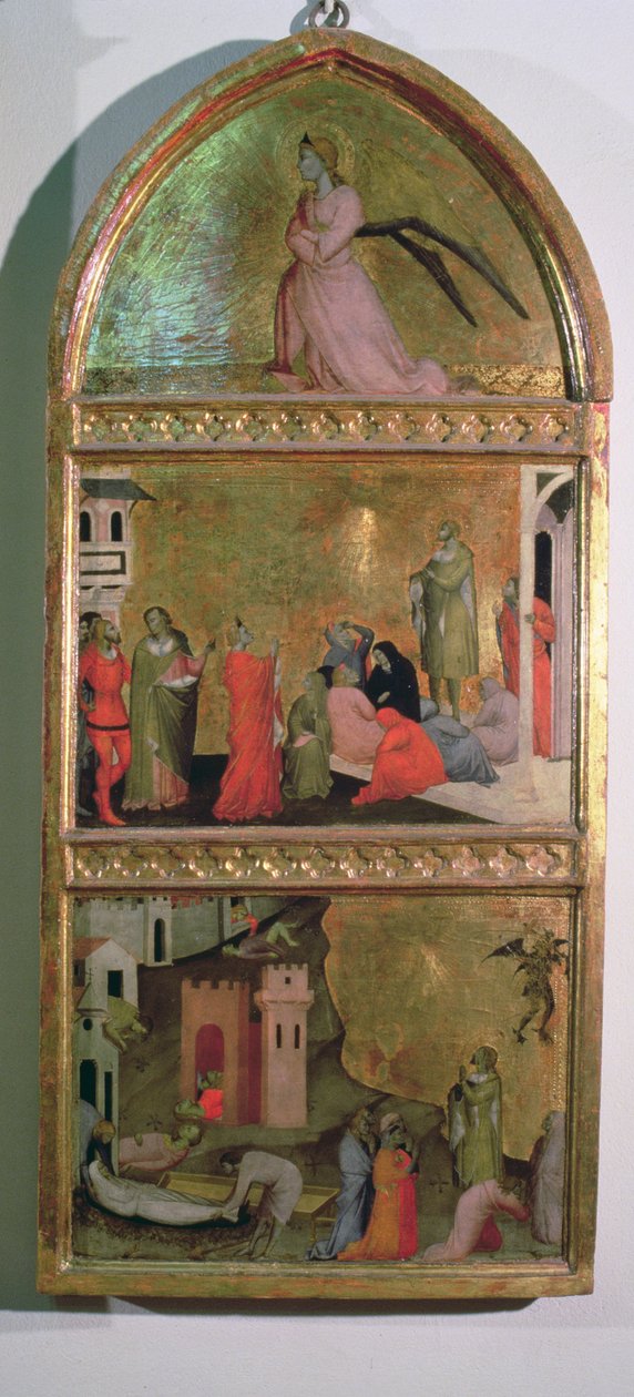 The Martyrium of St. Sebastian Altertavle, sidepanel, der viser englen Gabriel og scener fra den hellige temperas liv på paneldetalje af 94767 af Giovanni di Niccolo del Biondo