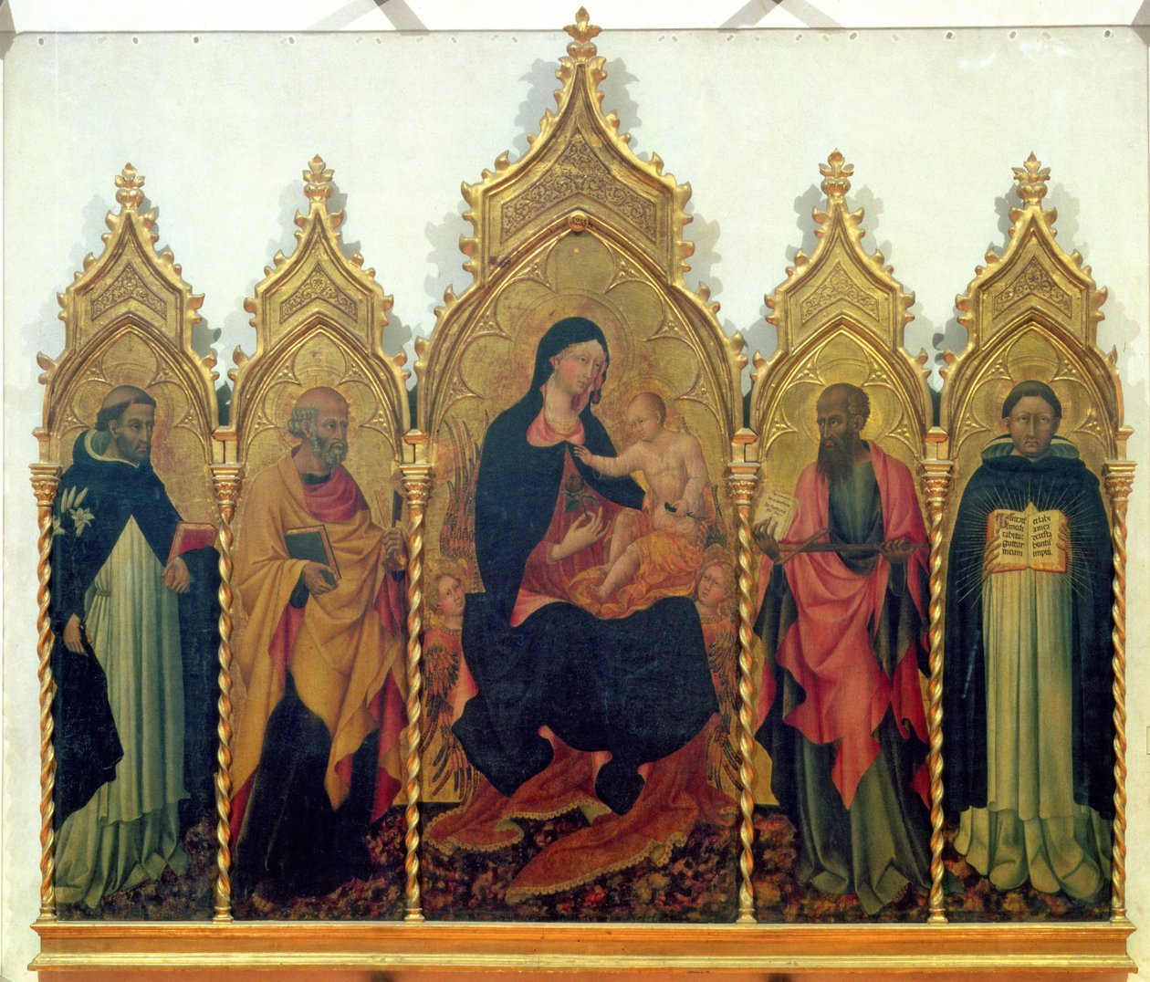 Madonna og barn med SS. Dominic, Peter, Paul og Thomas Aquinas, altertavle, 1445 (tempera på panel) af Giovanni di Paolo