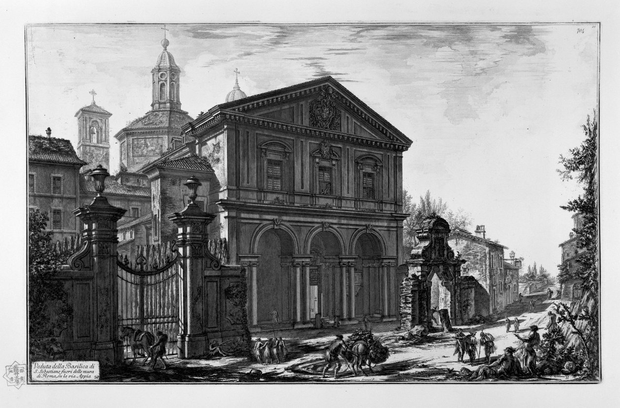 Udsigt over basilikaen San Sebastiano uden for Roms mure på Via Appia af Giovanni Battista Piranesi