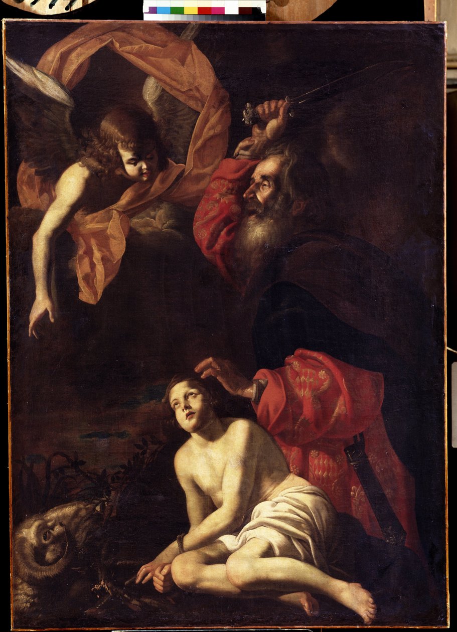 ""Abraham ofrer Isak"" (Abrahams Isaacs Offer) Englen holder Abrahams hånd før hans søn Isaks ofring. Til venstre vædderen, som Abraham vil dræbe i stedet. Maleri af Giovanni Battista Caracciolo aka Battistello (1578-1635) 161 af Giovanni Battista Caracciolo