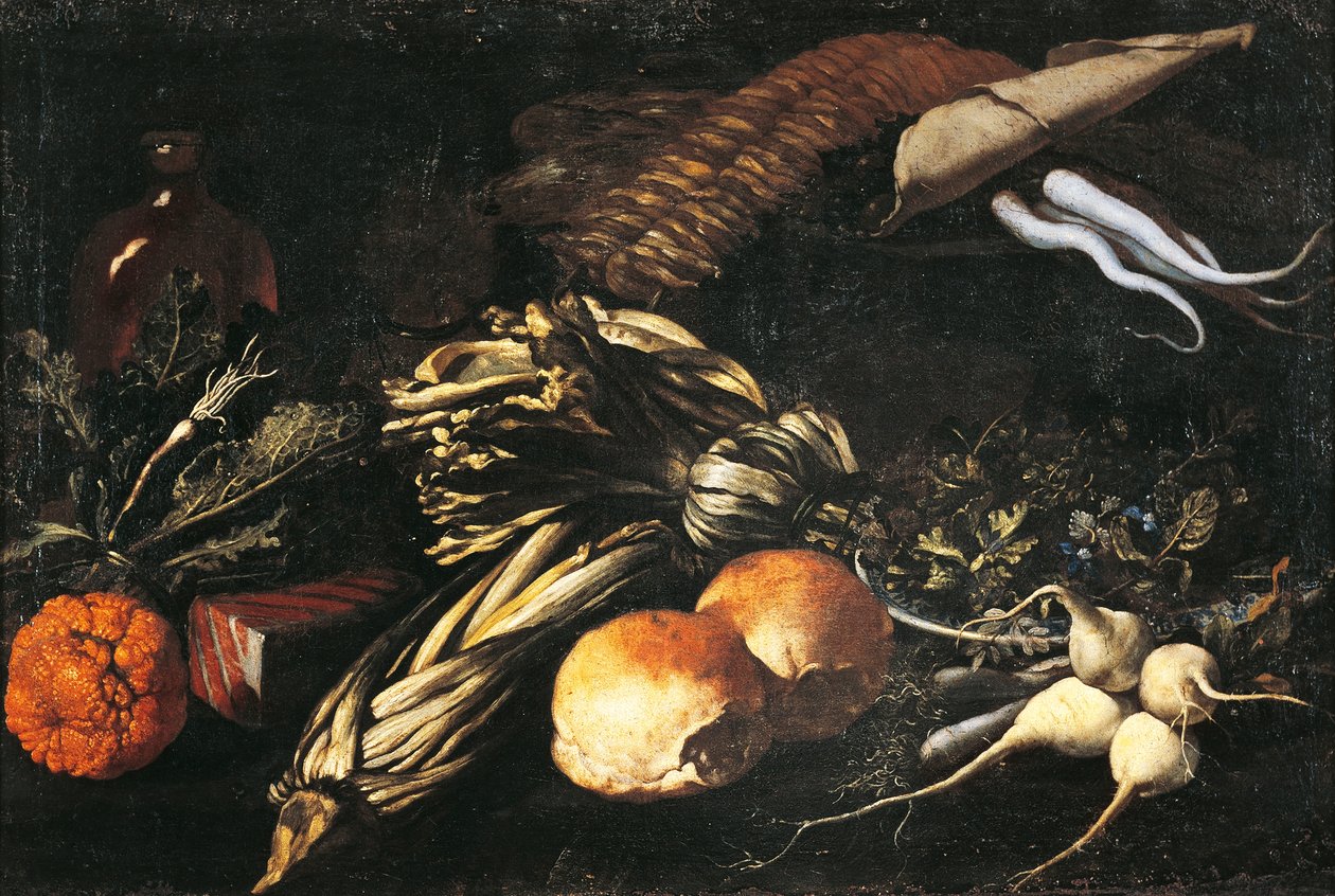 Stilleben med grøntsager (olie på lærred) af Giovanni Battista Ruoppolo or Ruopolo