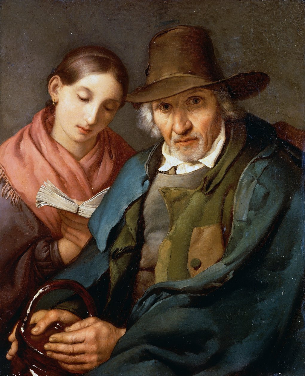 Figur af ældre mand, der sidder med en ung almue og læser en bog, af Giovanni Carnovali kendt som Piccio (1804-1873), olie på lærred, 72x59 cm af Giovanni Carnovali