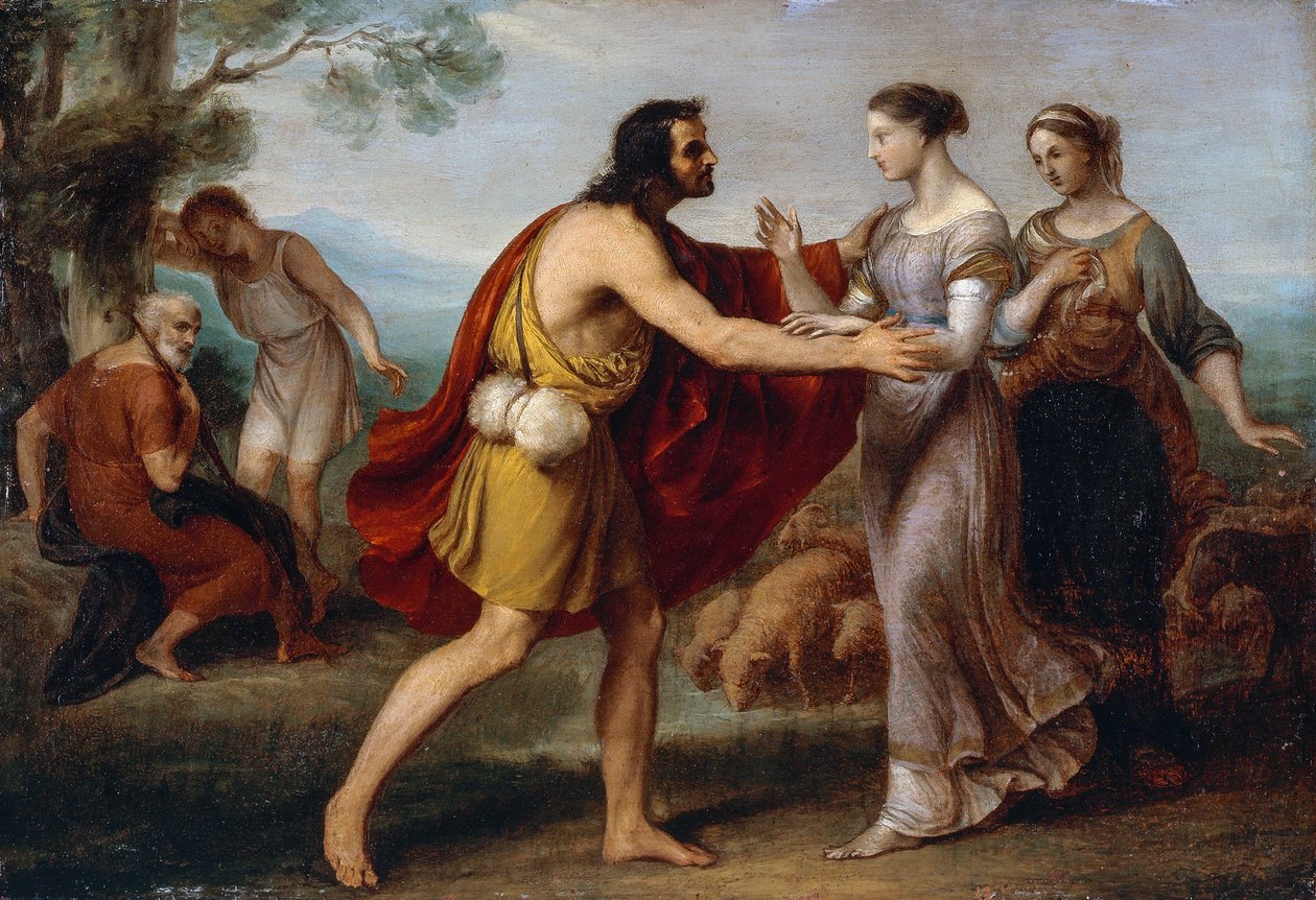 Møde mellem Jacob og Rachel, af Giovanni Carnovali kendt som Piccio (1804-1873), olie på kobber, 38x53 cm af Giovanni Carnovali