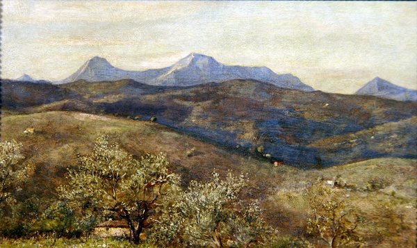 Forårslandskab med en fjern udsigt over Monte Catria: Tidlig morgen af Giovanni Costa