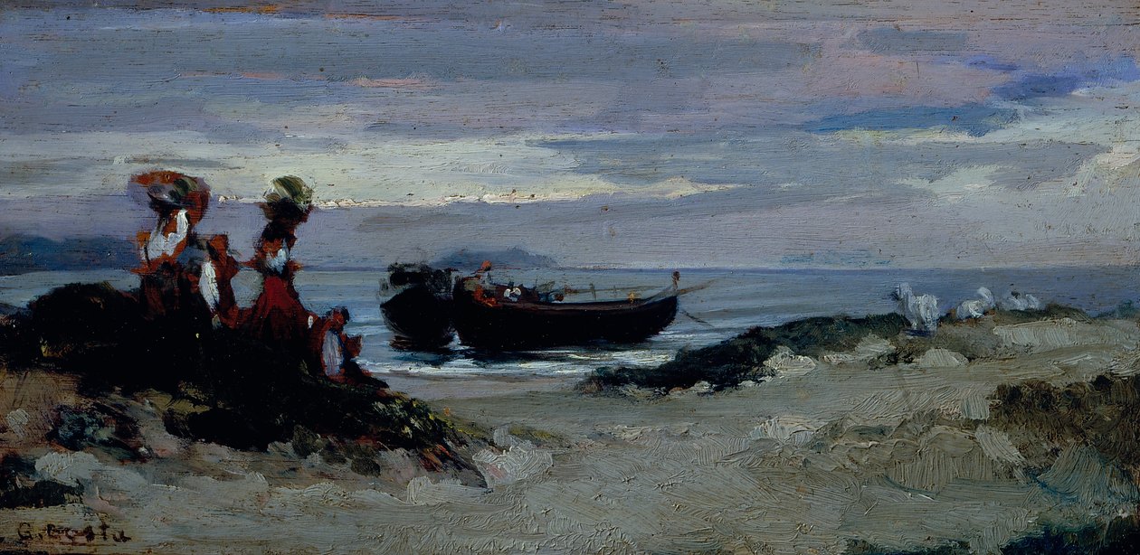Kvinder går ombord i træ på stranden i Anzio, ca. 1852 (olie på tavle) af Giovanni (1826 1903) Costa