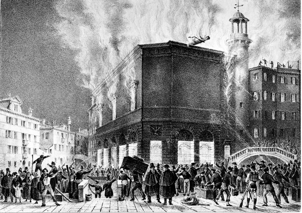 Ilden i teatret i La Fenice i Venedig, i 1836. Gravering af Giovanni Pividor. Milano, konservatoriet G. Verdi. af Giovanni (after) Pividor