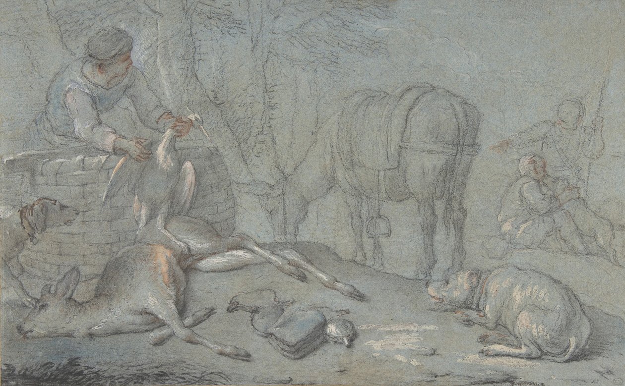Jægere med dødt vildt i et landskab, 1600-1800. af Giovanni Agostino Cassana