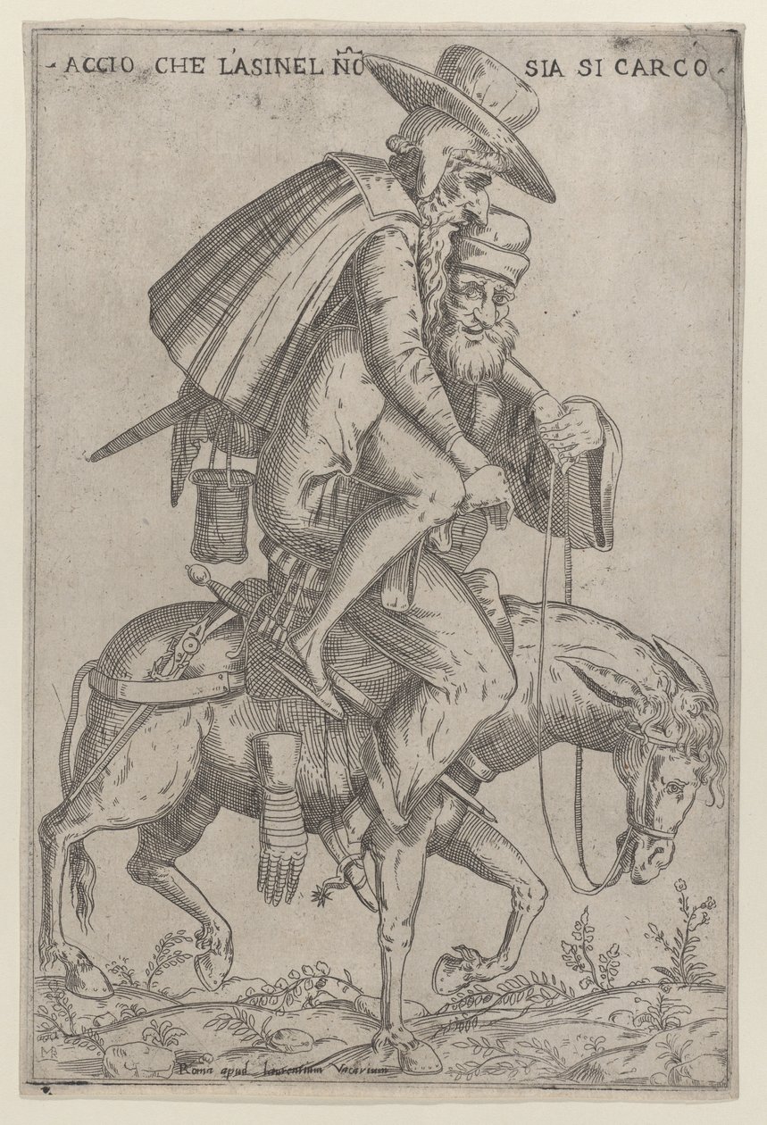 Karikatur med to mænd på et muldyr, 1575-99. af Giovanni Ambrogio Brambilla