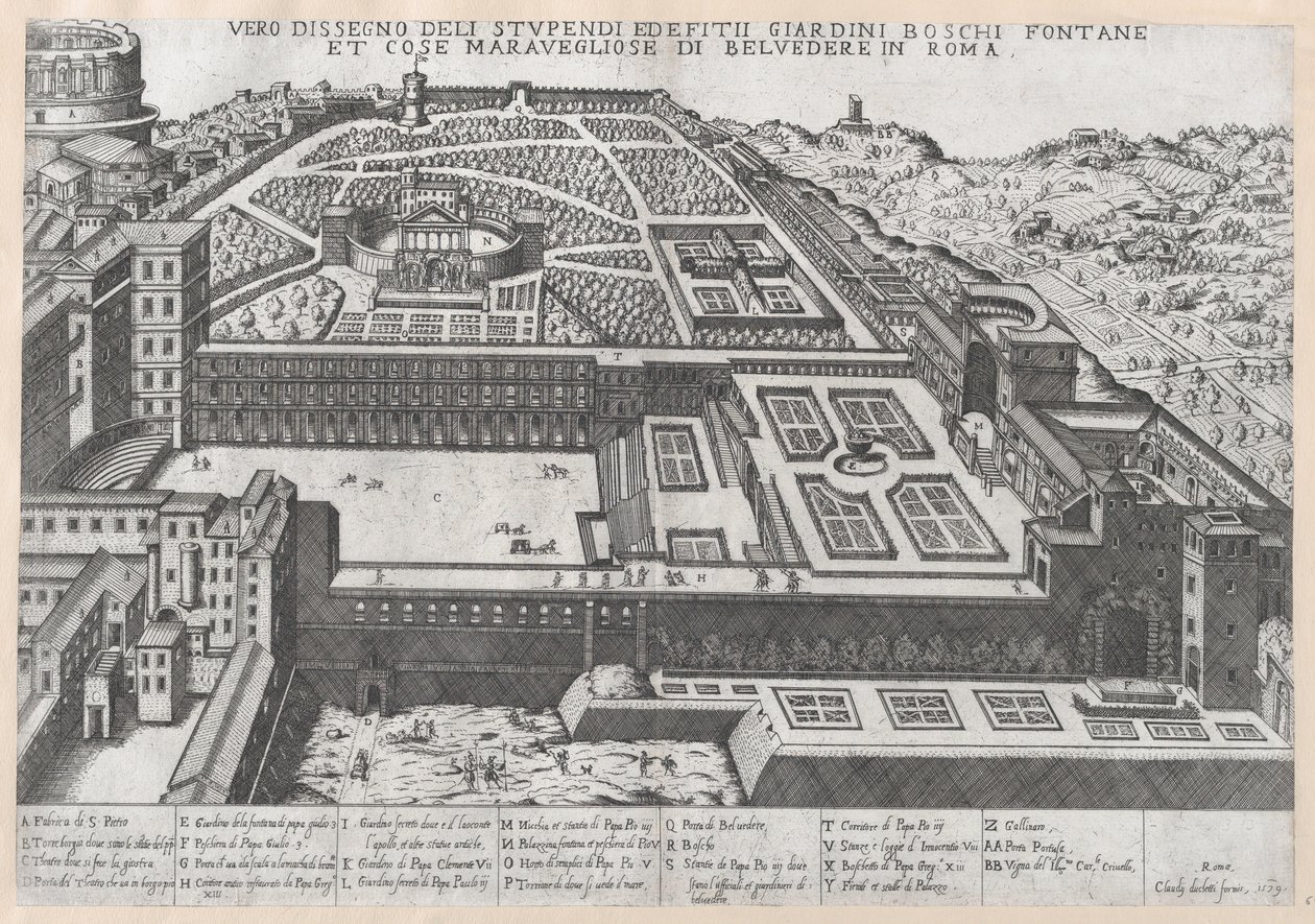Mirror of Roman Magnificence: Luftfoto af Belvedere og dens haver, 1579., 1579. af Giovanni Ambrogio Brambilla.