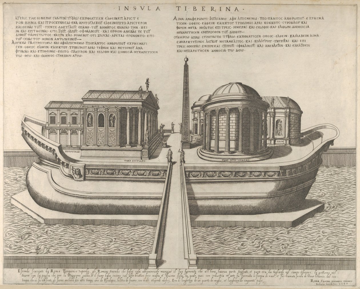Udsigt over Tiberøen repræsenteret som et skib, Aesculapius-templet til venstre, 1582., 1582. af Giovanni Ambrogio Brambilla