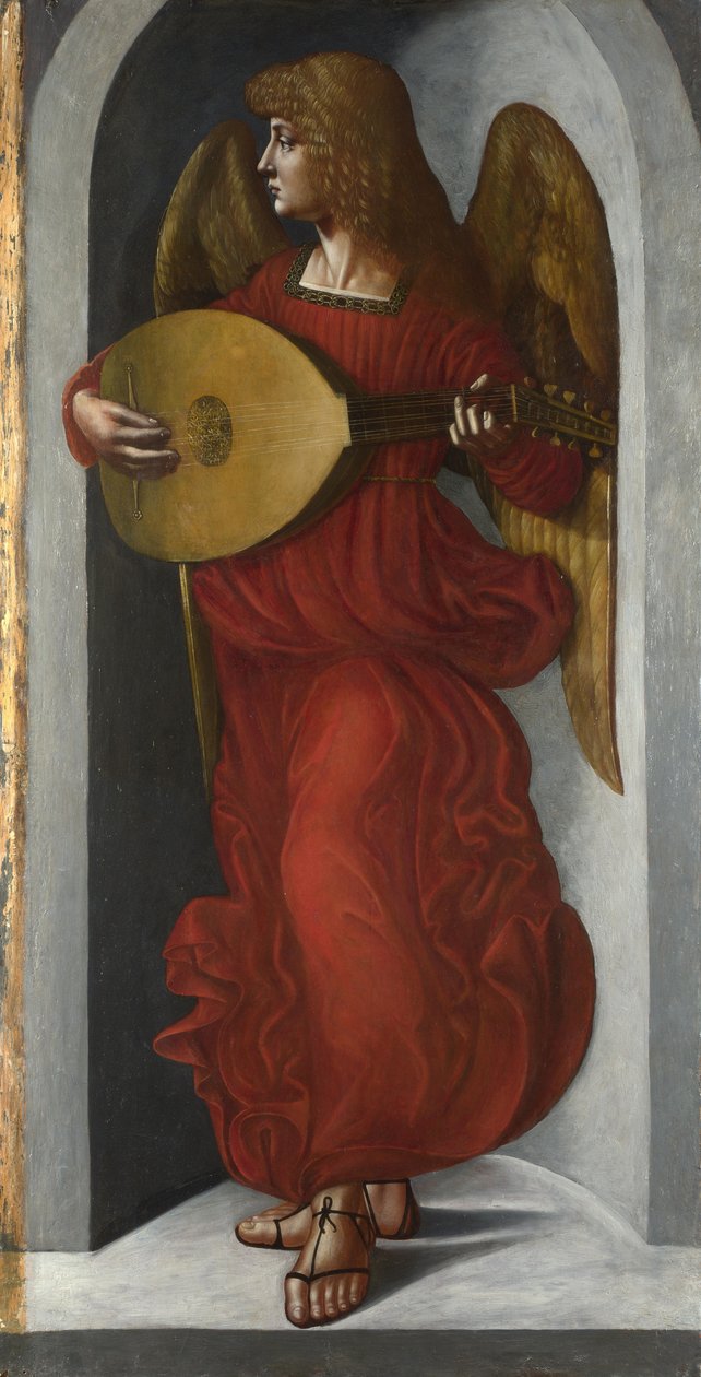 En engel i rødt med en lut, ca. 1490-1499 af Giovanni Ambrogio de Predis