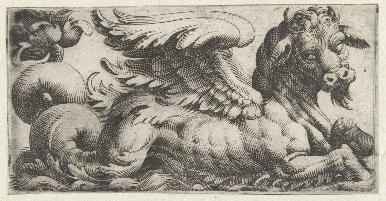 Bevinget havtyr med fipskæg Frisere med havmonstre (serietitel) af Giovanni Andrea Maglioli
