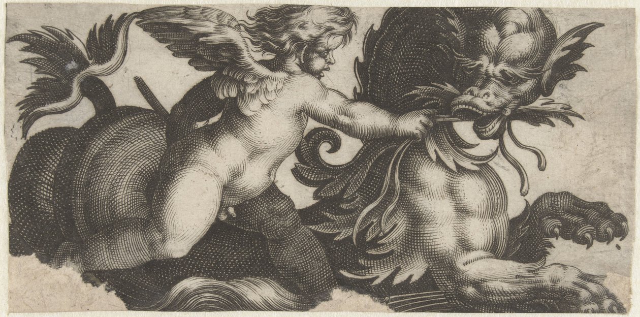 Putto fodrer et havuhyre med et blad Frisere med havmonstre (serietitel) af Giovanni Andrea Maglioli