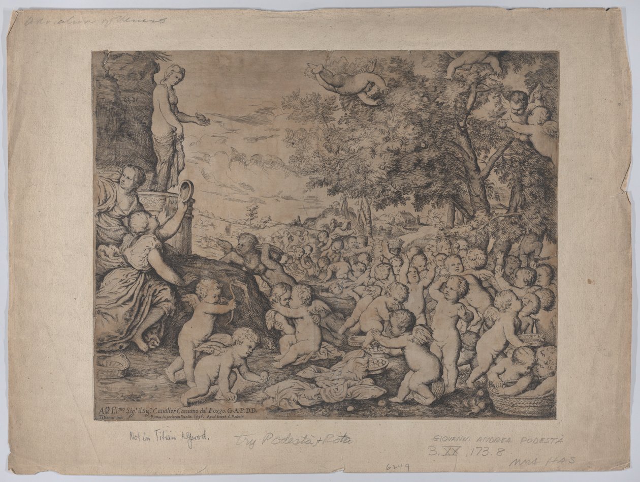Putti foran en statue af Venus, efter Titian, 1636. af Giovanni Andrea Podesta