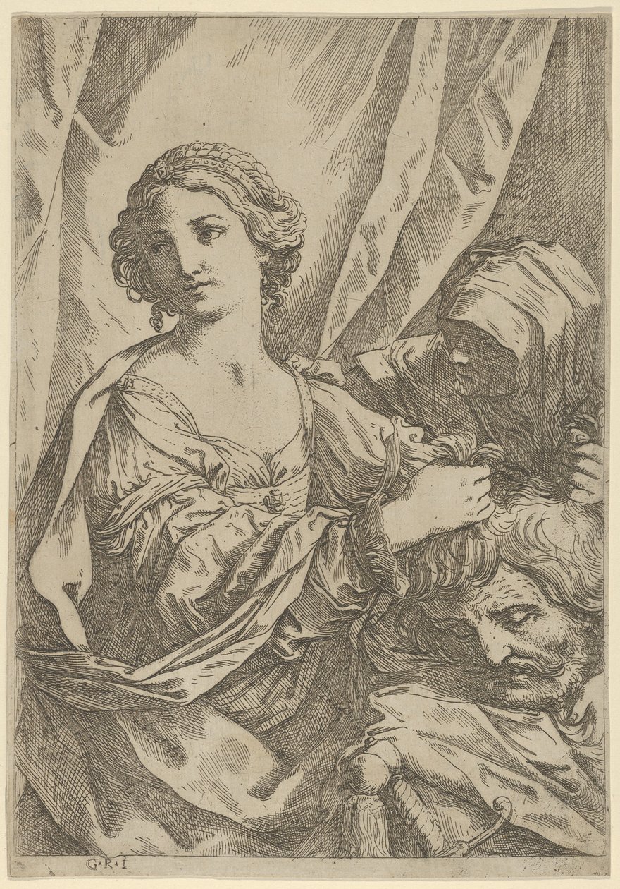 Judith greb hovedet af Holofernes ved håret og ser til venstre, en gammel wo ..., 1600-1640. af Giovanni Andrea Sirani