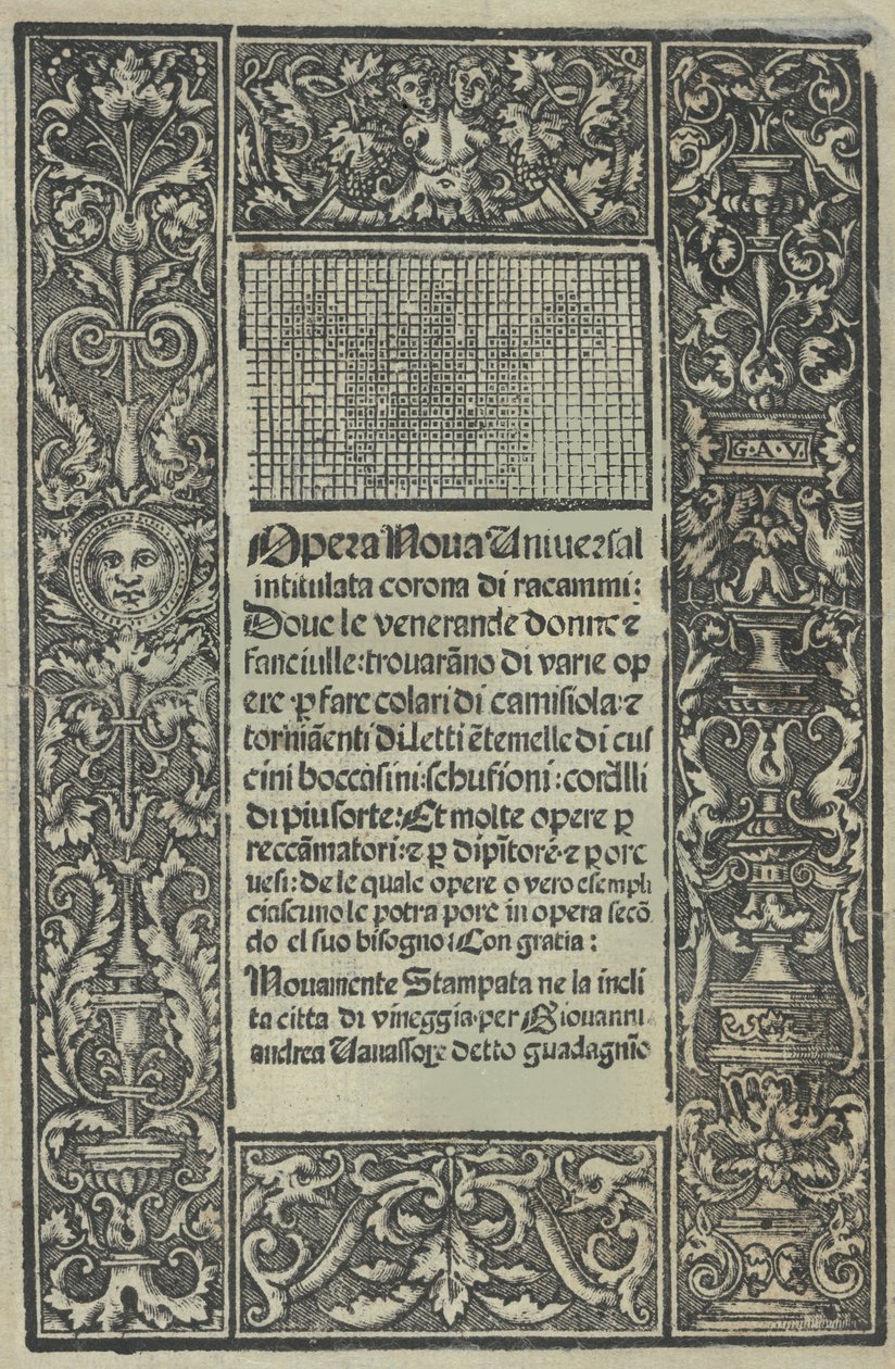 Opera Nova Universali med titlen Corona di racammi, titelblad recto, [1530]. af Giovanni Andrea Vavassore