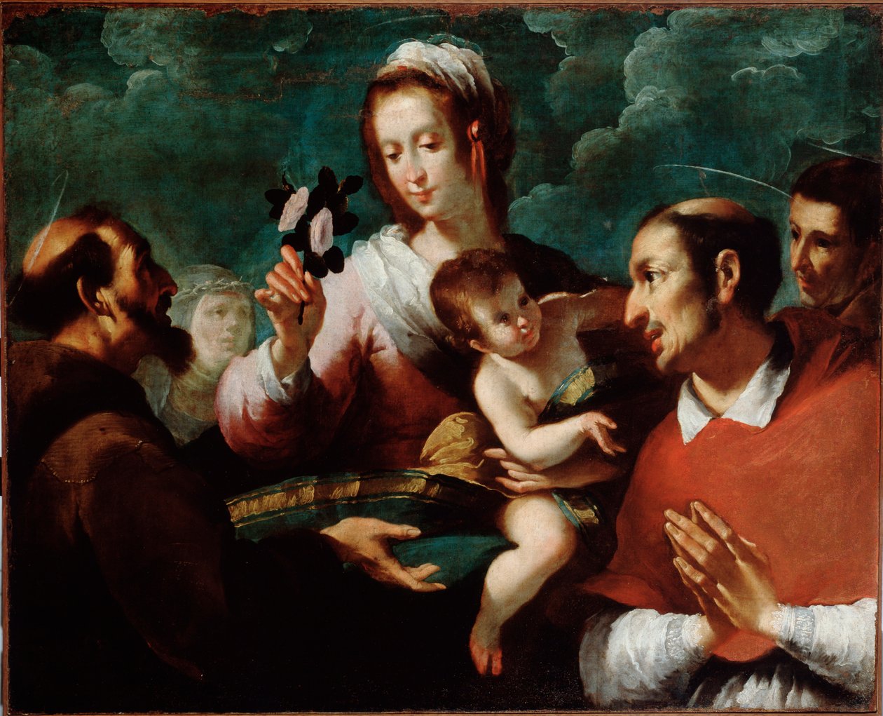 Jomfru og barn med Charles Borromee (Jomfru og barn med den hellige Carlo Borromeo) Maleri af Giovanni Andrea de Ferrari (ca. 1598-1669) Genes, Musei di Strada Nuova (ex Palazzo Bianco) af Giovanni Andrea di Ferrari