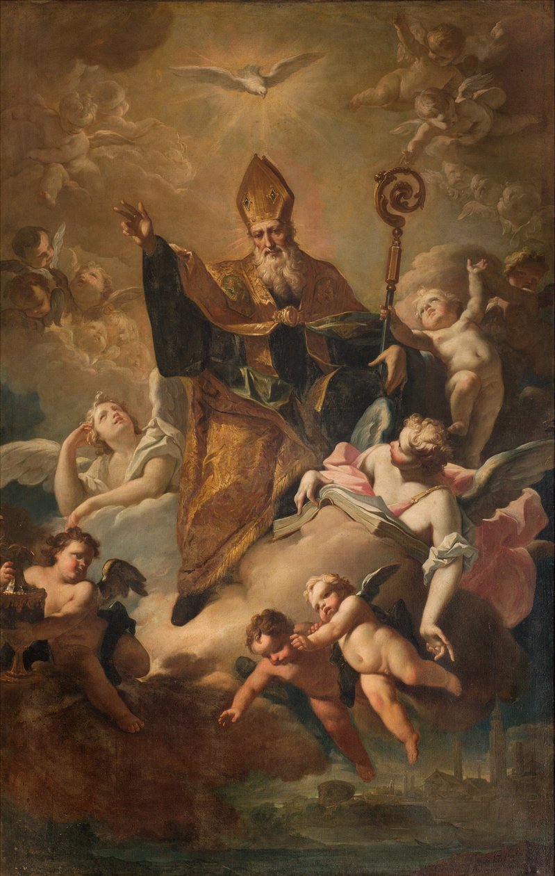 Sydlige tværskib, San Benedettos alter, Sankt Benedikt i Gloria mens han velsigner byen, altertavle af Giovanni Angelo Borroni, San Benedetto i Gloria mens han velsigner byen 1744 af Giovanni Angelo Borroni