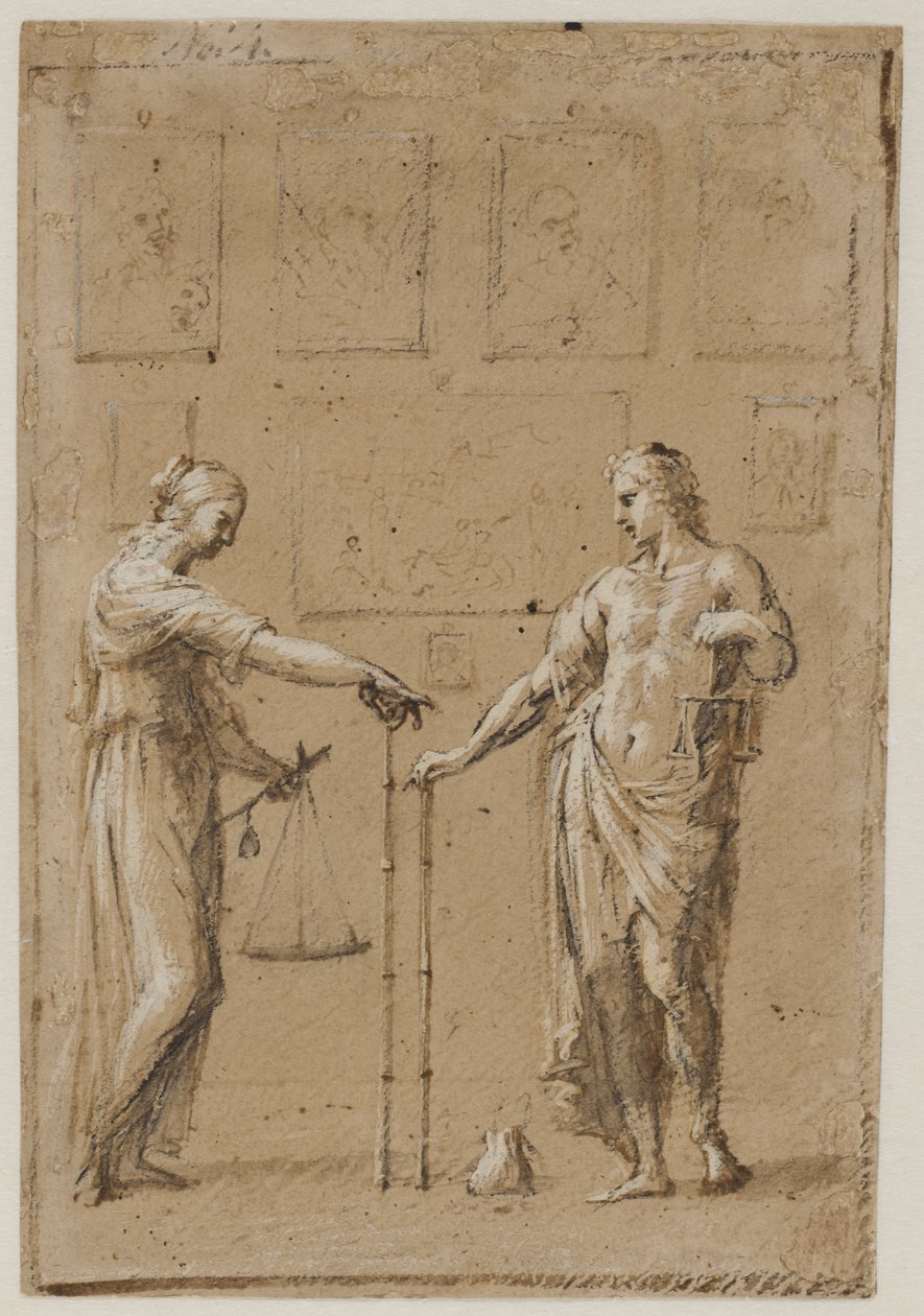 En mand og en kvinde i antikke kostumer, hver med vægt og lineal, foran en væg med malerier. En pung på gulvet foran manden af Giovanni Angelo Canini