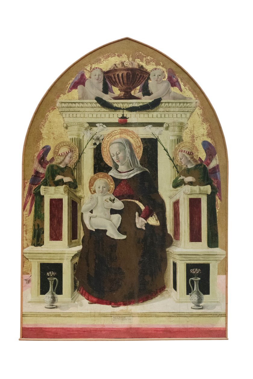 Madonna og barn på tronen med engle, ca. 1455-60 (cuspidat-panel) af Giovanni Angelo d