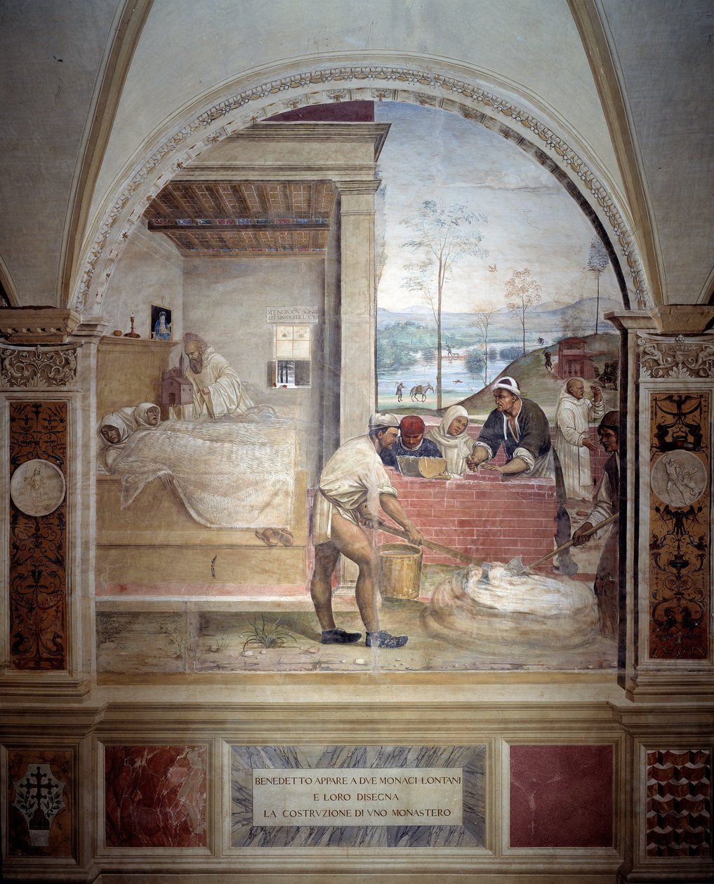 Benedikt viser sig for to munke og præsenterer dem projektet af et klosterfresko af klostret lavet af Antonio Bazzi dit il Sodoma (1477 - 1549), der fortæller om livet for den hellige Benedikt af Nursie (480 - 567), grundlæggeren af Benediktinerordenen 150 af Giovanni Antonio Bazzi Sodoma