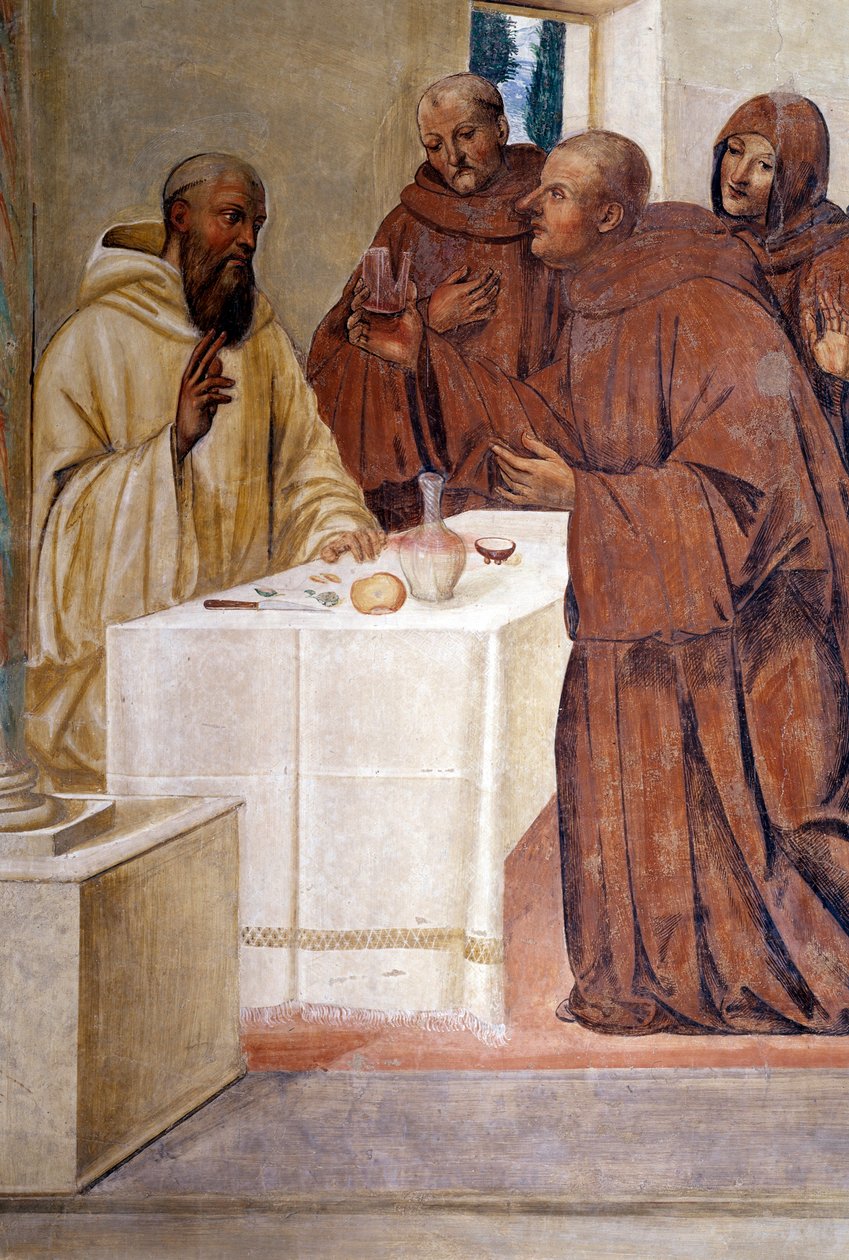 Benedikt bryder et glas forgiftet vin ved at lave korsets tegn. Detaljefresko af cloitre lavet af Giovan Antonio Bazzi di Sodoma (1477-1549), der fortæller om livet for den hellige Benedikt af Nursia (480 - 567), grundlæggeren af Benediktinerordenen 1505-1 af Giovanni Antonio Bazzi Sodoma