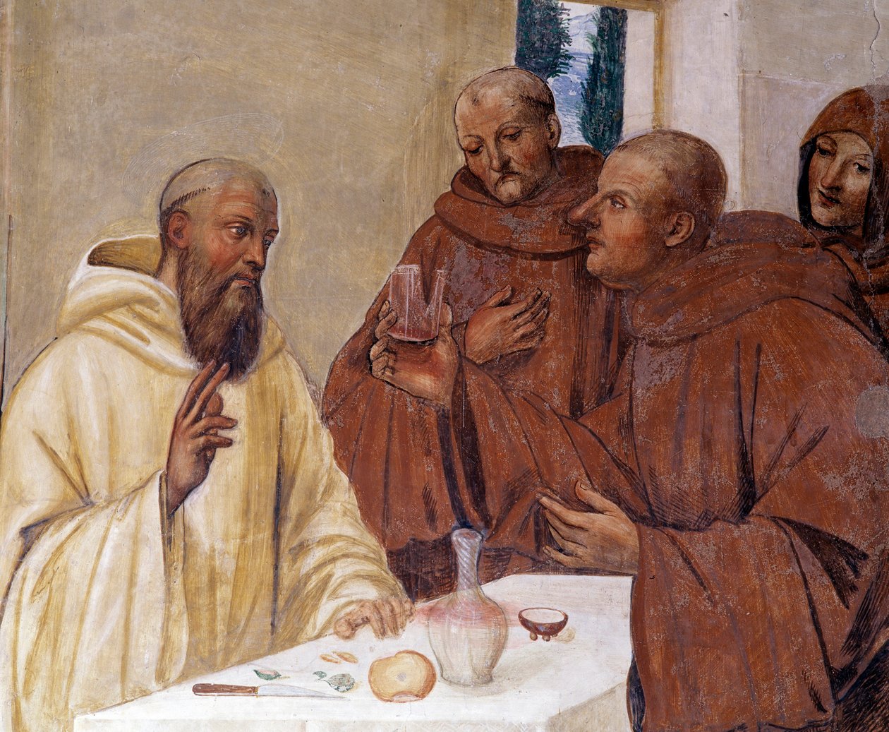Benedikt bryder et glas forgiftet vin og laver korsets tegn. Detaljefresko af cloitre lavet af Antonio Bazzi dit il Sodoma (1477 - 1549), der fortæller om livet for Saint Benedict of Nursie (480 - 567), grundlæggeren af Benediktinerordenen 1503 - 1508 af Giovanni Antonio Bazzi Sodoma