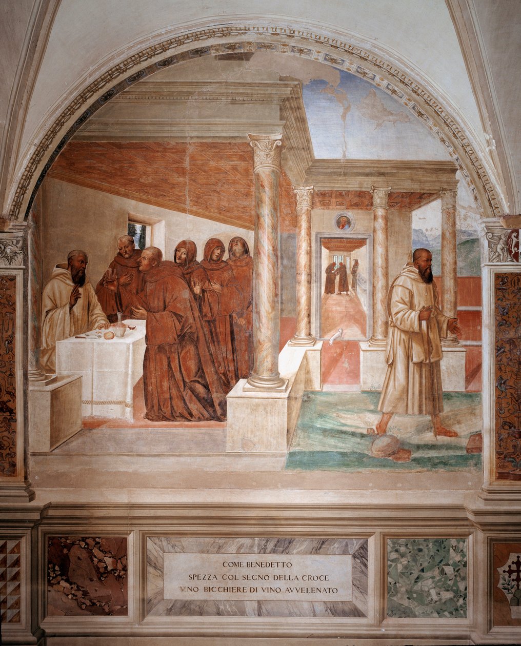 Benedikt bryder et glas forgiftet vin og laver tegnet på korsfreskoen på klostret lavet af Antonio Bazzi dit il Sodoma (1477 - 1549) og fortæller om livet for Sankt Benedikt af Nursie (480 - 567), grundlægger af Benediktinerordenen 1503 - 1508 Kloster af Giovanni Antonio Bazzi Sodoma
