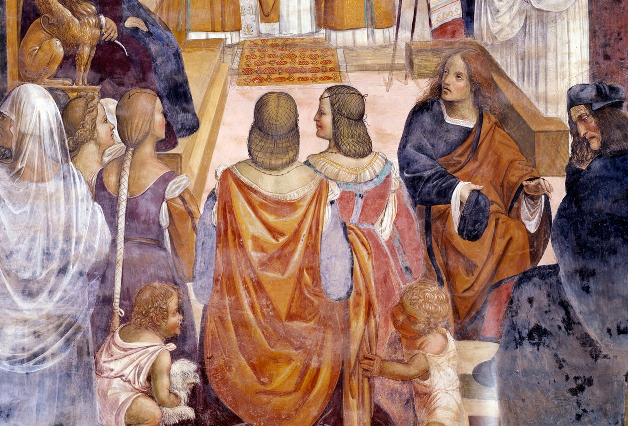 Benedikt ekskommunikerede to nonner og frikender dem efter deres død. Detail Cloister fresco af Antonio Bazzi dit il Sodoma (1477 - 1549), der fortæller om livet for Saint Benedict of Nursie (480 - 567) grundlægger af Benediktinerordenen 1503 - 1508 Abbey  af Giovanni Antonio Bazzi Sodoma