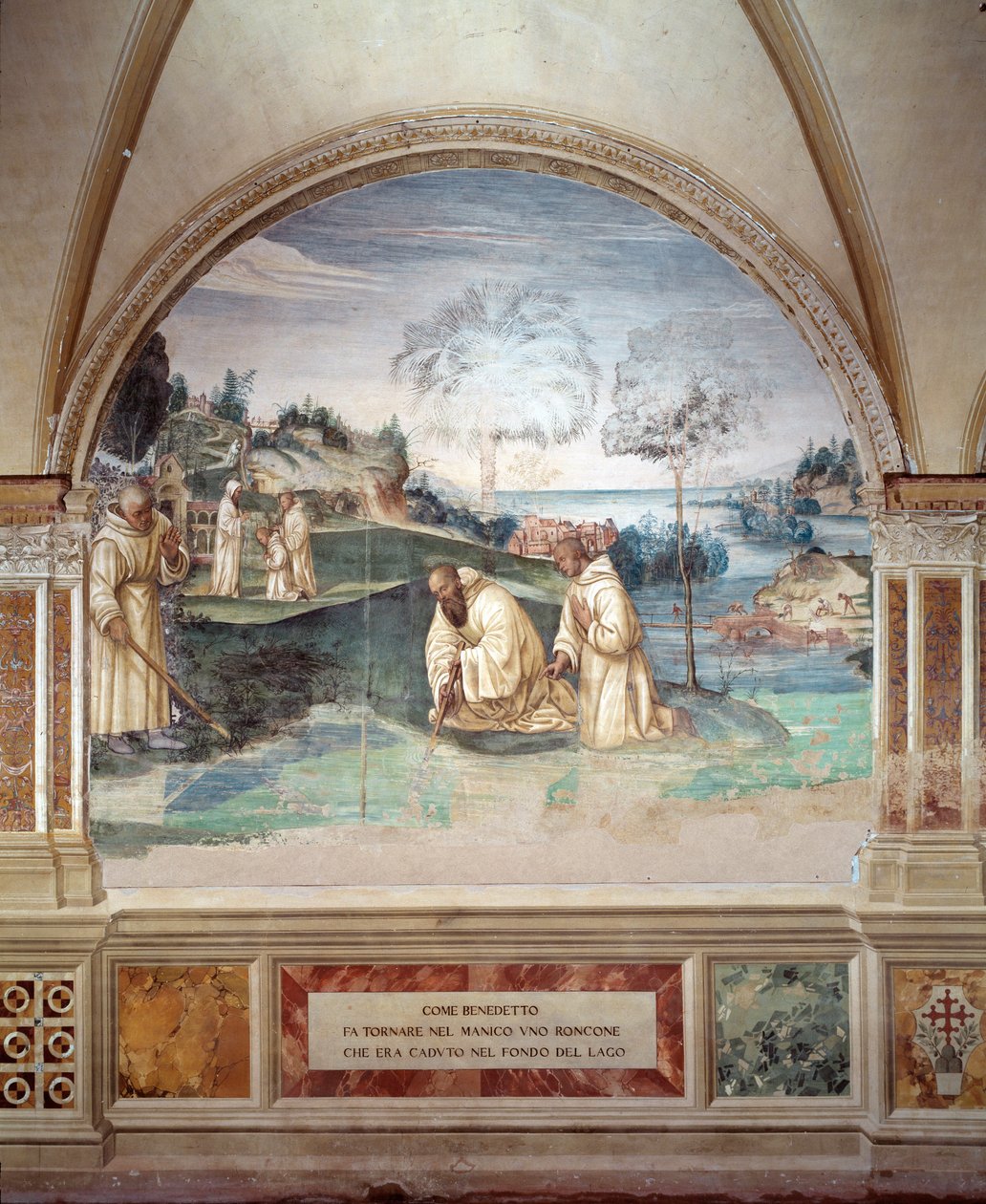 Benedikt får en segl faldet i søens fresko af klostret lavet af Giovan Antonio Bazzi di Sodoma (1477-1549), der fortæller om livet for Sankt Benedikt af Nursie (480 - 567), grundlægger af Benediktinerordenen 1505-1508 Abbey of Monte Oliveto. Maggiore, Fl af Giovanni Antonio Bazzi Sodoma