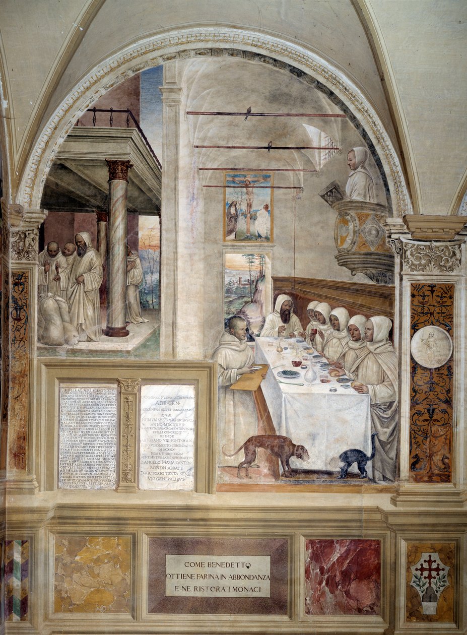 Benedikt får mel i overflod og fodrer munkenes freskomaleri i klostret lavet af Antonio Bazzi dit il Sodoma (1477 - 1549), der fortæller om livet for Sankt Benedikt af Nursie (480 - 567), grundlægger af Benediktinerordenen 1503 - 1508 Abbey. Oliveto af Giovanni Antonio Bazzi Sodoma