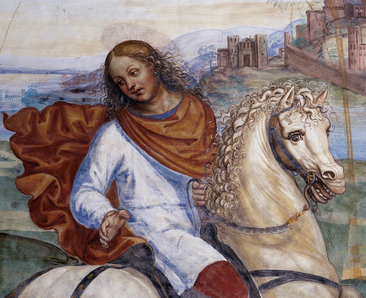 Benedikt forlod sin fars hus og tog til Rom for at studere Detail - fresko af klostret realiseret af Antonio Bazzi dit il Sodoma (1477-1549), der fortæller om livet for den hellige Benedikt af Nursia (480 - 567), grundlæggeren af Benediktinerordenen 1503 - af Giovanni Antonio Bazzi Sodoma