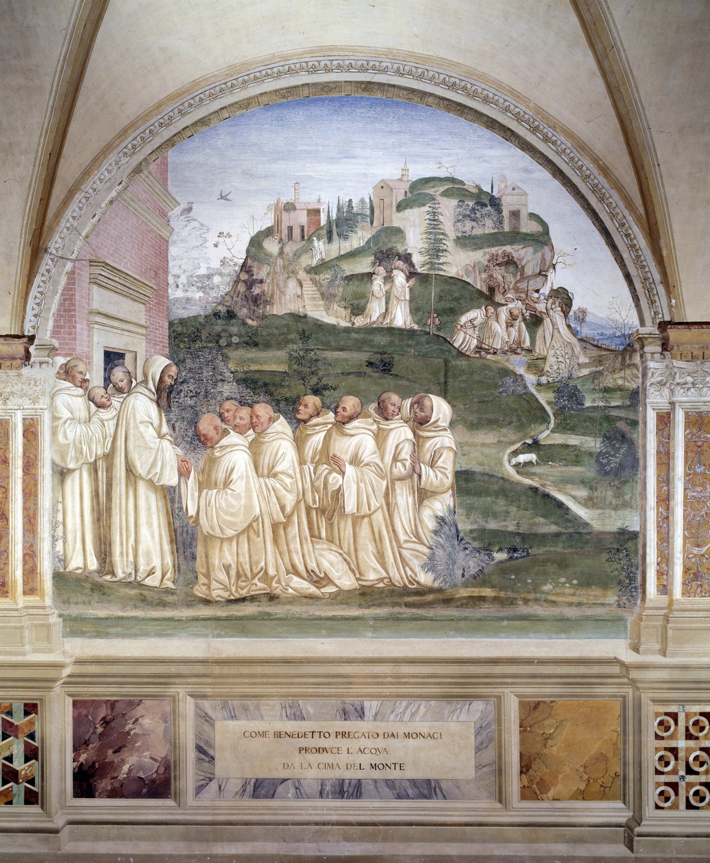 Benedikt udløste en kilde på toppen af bjerget Fresco af klostret lavet af Antonio Bazzi dit il Sodoma (1477 - 1549), der fortæller om livet for Saint Benedict of Nursie (480 - 567) grundlægger af Benediktinerordenen 1503 - 1508 Abbey of Monte Oliveto af Giovanni Antonio Bazzi Sodoma