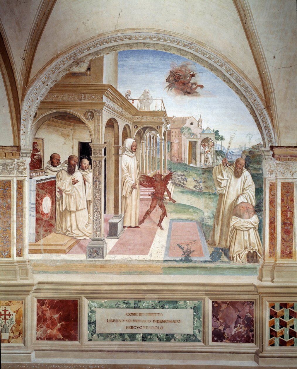 Benoit befrier en munk besat af en dæmon (den hellige Benedikt befrier en mand besat af djævelen) fresko af klostret lavet af Antonio Bazzi dit il Sodoma (1477 - 1549), der fortæller om livet for Sankt Benedikt af Nursie (480 - 567) grundlæggeren af Benedi af Giovanni Antonio Bazzi Sodoma