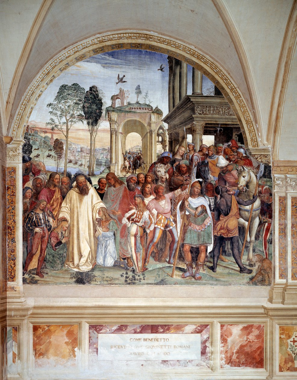Benoit modtager to unge romere Maur og Placide (St. Benedict modtager de to romandrenge Mauro og Placido) Fresko af klostret lavet af Antonio Bazzi dit il Sodoma (1477 - 1549), der fortæller om Sankt Benedikt af Nursie